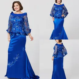 Royal Blue Suknie Wieczorowe Koronkowe Aplikacje Koraliki Scoop Neck Satin Mermaid Prom Dress Custom Made Plus Size Matka panny młodej Sukienka