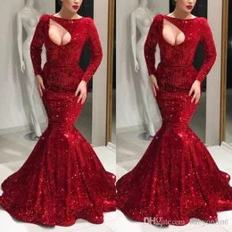 Glitz elegante vermelho escuro Red Plus Size Mermaid Prom Vestidos Jóia Pescoço Mangas compridas lantejoulas de piso vestidos de noite vestidos formais de Soire