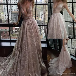 Glitter Sequins Long Prom Dresses Deep V Neck Open Back Elegant Evening Dress Sweep Train Chic Formal Party Gowns Robe de soiree1855