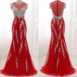 Sparkly Luxury Evening Dress Red Lace Tulle High Neck Sleeveless Crystals Sequins Prom Party Gowns Illusion Back Zipper up Floor Length
