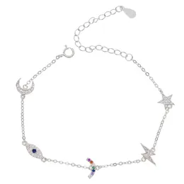 Wyprzedaż-925 Sterling Silver Cute Lovely Charm Link Łańcuch Bransoletka dla Kobiet Rainbow Moon Star Lucky Eye Delikatne Minimalne urocze bransoletki