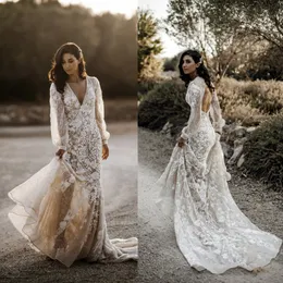 long sleeve country wedding dresses v neck lace appliques sexy backless vestidos de novia sweep train a line beach wedding gowns