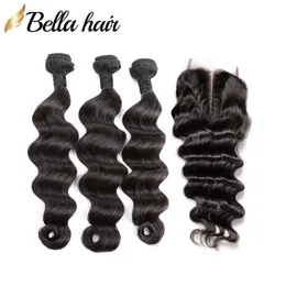 Bella Cabelo 100% Pacotes de Cabelo Virgem Humana Não Transformada com Fechamento 4x4 Solto Deep Brasil Brasileiro 3 Pacotes e Top Encerramento 4 Pçs / lote