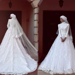 Abiti da sposa musulmani in pizzo modesto Collo alto Manica lunga Una linea Abiti da sposa Sweep Train Abiti da sposa Vestidos