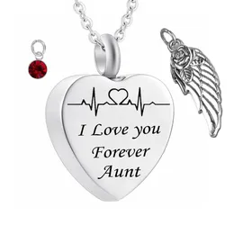 I love you forever aunt Birthstone Ashes heart Pendant Memorial Urn Necklace Angel Wing Stainless Steel Waterproof Cremation Jewelry