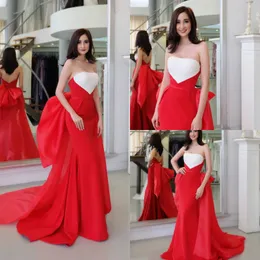 2019 röda sjöjungfrun kvällsklänningar strapless satin med stora båge rygglösa prom klänningar plus storlek speciellt tillfälle klänning formellt slitage