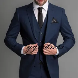 Marynarki Wojennej Blue Formalne Mężczyźni Garnitury 2019 Nowy Trzyczęściowy Notched Lapel Custom Made Business Groom Wedding Tuxedos (Kurtka + Spodnie + Kamizelka) 8653