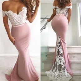 Blush Pink Satin Mermaid Prom Dresses Off the Ramię Koronki Aplikacja Top Otwórz Wróć Sweep Pociąg Formalne Suknie Wieczorowe Z Przyciskami BM0840