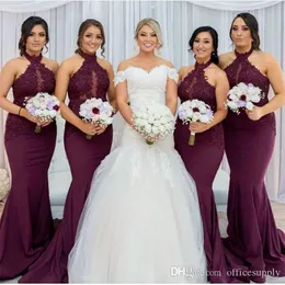 Burgundy Mermaid Bridesmaid Dresses 2020 Elegant Arabic Halter Neck Lace Appliques Wedding Guest Party Dresses Vestido de Feista