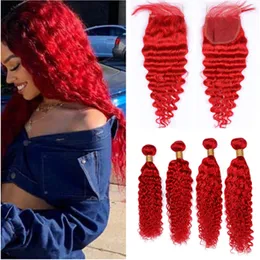 Pure Red Deep Wave Human Hair 4Bundles with Closure Bright Red Brazilian Hair with Closure Red Color Hair Bundles with Lace Closure 4x4