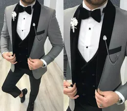 2020 Przystojny Mężczyzna Garnitury Trzyczęściowe Tweed Garnitur Herringbone Szal Lapel Custom Made Groom Tuxedos Prom Sukienka Prom Sukienka Kamizelka Kamizelka