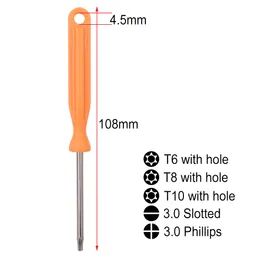 3*108mm Tools 3.0 Phillips 3.0 Slotted T6 T8 T10 With Hole Screwdrivers for Xbox360 Mobile Phone 500pcs/lot