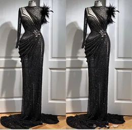2020 New Arrival Sequined Black Mermaid Evening Gowns With Feathers Party Dress Long Sleeve Prom Dresses robe de soiree Abendkleider