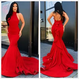Red Halter Satin Mermaid Prom Dresses 2020 Backless Ruffles Ruched Backless Long Formal Party Prom Gowns Evening Celebrity Gowns BC3498