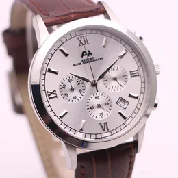 Дешево Отель Avibo кварцевые батареи мужские часы часов 43 мм белый циферблат Chronograph Hardlex наручные часы кожаный с пряжкой штыря