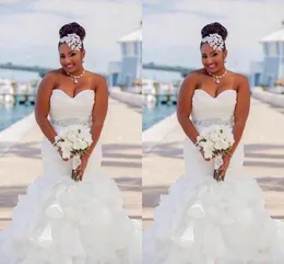 Cheap Plus Size African Retro Mermaid Wedding Dresses Sweetheart Crystal Beaded Sash Organza Ruffles Tiered Custom Formal Bridal Gowns