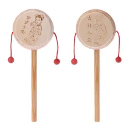 天然木の漫画の中国の伝統的な回転ガラガラのドラムハンドベルの赤ちゃんの音楽玩具子供早い教育的なおもちゃ