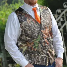 2023 New Camo Groom Vests Country Farm Groomsmen Vest Slim Fit Mens 슈트 파티 웨딩 양태 조끼 복장 Hunter Vest Bow Real310c