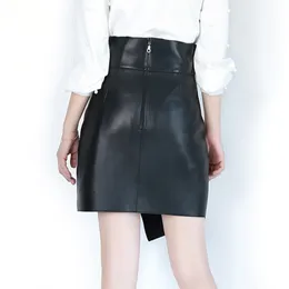 Wholesale-Women Harajuku Fashion Show High Waist Asymmetrical Oblique Fork Black Skirt Femme Genuine Leather Streetwear Wrap Gonne