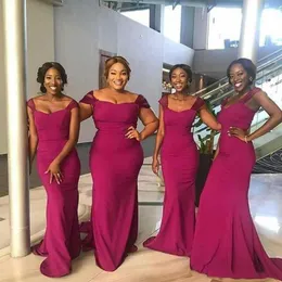 Afrika Siyah Kızlar Fuşya Denizkızı Nedime Elbiseleri Kap Sömürü Süpürme Tren Saten Düğün Konuk Elbise Onur Gowns Prom Elbise