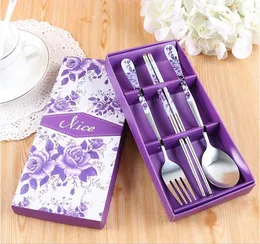 wholesale 200sets / lot Stainless Steel Spoon Fork And Chopstick Set Metal Tableware Wedding Gift Souvenirs Free Shipping SN1645