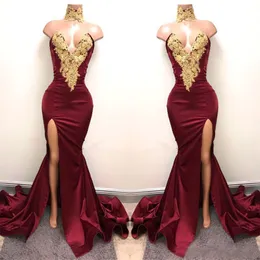 New Design 2K19 Sexy Burgundy Prom Dresses with Gold Lace Appliqued Mermaid Front Split Dresses Long Party Evening Wear Gowns