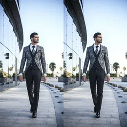 2019 Senaste Handsome Bröllop Tailcoat Slim Fit Mönster Lapel Passar för bästa män Billiga One Button Groom Suit Groomsman Wear Jacket + Pants + Vest