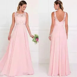 Spring 2020 Elegant Pink Bridesmaid Dresses Long Jewel Neck A Line Peach Lace and Chiffon Bridesmaid Gown