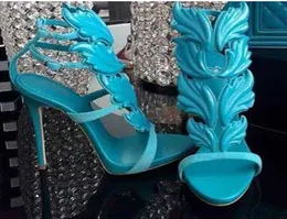 Hot Sale-Luxury Women Suede Grym Sommarpumpar Polerad Golden Metal Leaf Winged Gladiator Sandals Högklackat Skor med Original Box