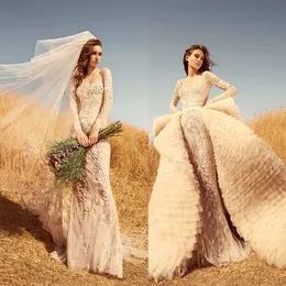 Seksi Zuhair Murad Mermaid Gelinlik ile Ayrılabilir Tren Kare Uzun Kollu Dantel Sequins Gelinlik Sweep Tren Robe de Mariée