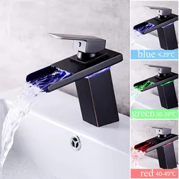 LED Waterfall Bathroom Sink Faucet Temperature Sensor Hydroelectric Power Single Handle Washroom Basin Mixer Tap Black Tap