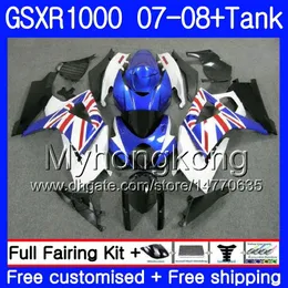 키트 + 탱크 SUZUKI GSX R1000 용 GSXR-1000 GSXR 1000 2007 2008 301HM.40 GSX-R1000 07 08 바디 K7 핫 블루 프레임 GSXR1000 07 08 페어링 7 개 용품