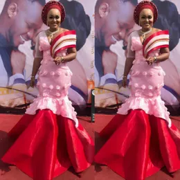 Aso Ebi Syrena Prom Dresses Sexy Głęboki V Neck 3D Aplikacje Pół Rękawów Suknie Wieczorowe Czerwone Przyciski Satynowe Afrykańskie Kobiety Formalna Party Dress