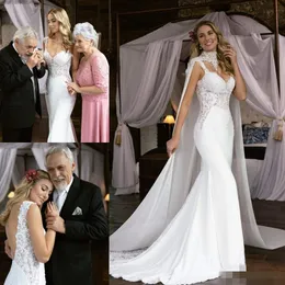 2020 Modest Syrenki Suknie Ślubne Koronki Aplikacje Paski z Cape Szyfonowe Sweep Pociąg Custom Made Wedding Bridal Gown Vestido de Novia