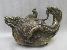 6 inc / China's rare ancient bronze hand carved dragon turtle teapot