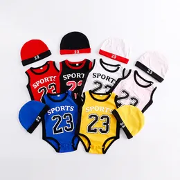 Baby Infant Boy Clothing Rodper Girl Basketball 23 Imprimir macacão de manga curta com chapéu 100% Algodão Clowafing Romadores de futebol de futebol