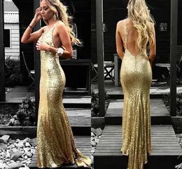 Cheap Gold Halter Mermaid Prom Sequined Sexy Floor Lenght Backless Dresses Evening Wear Vestidos De Fiesta Special Ocn