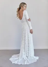 Vintage A-line Lace Modest Wedding Dress With Long Sleeves Simple Boho Wedding Dress With Full Sleeves Low Back Bohemian Beach Wed283Z