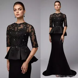 Black Elegant Vintage Mermaid Dresses With Peplum Beaded Applique Jewel Neck Half Sleeves Party Gowns Prom Dress Evening Wear