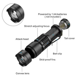 SK68 XPE Q5 LED 3 -l￤ge ficklampor Portable Zoomable Mini Ficklight Torches Justerbar Fokus Taktisk pennklipp Flash Light Lamp