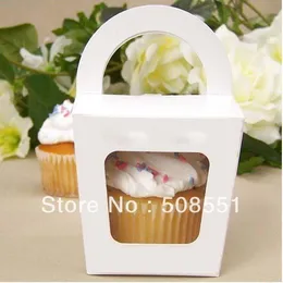 Wholesale- Free shipping Simple Cupcake box With Handle single cupcake boxes pudding case with lining 12pcs