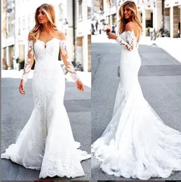 2019 New White Lace Mermaid Bröllopsklänningar Crystal Plus Storlek Långärmad Bröllopsklänning Bridal Gown Vestido de Novia Hochzeitskleid