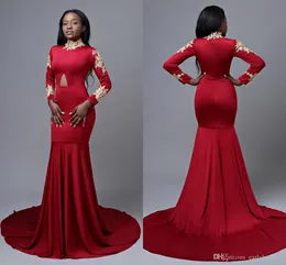 Elegancki Afryki Plus Size Czerwony Mermaid Prom Dresses Długie Rękawy Wysokiej Neck Koronki Appliqued Evening Suknia Formalna Dress Rates De Soirée