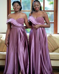 Arabic Cheap Sexy Lilac Bridesmaid Dresses One Shoulder Off Shoulder Pearls Long For Weddings Floor Length Split Formal Maid of Honor Gowns