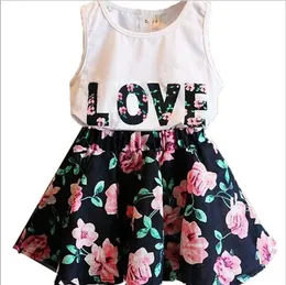 Children's Clothing Summer Girls LOVE Letters Flowers Sleeveless Vest + Skirt 2 Piece Suit epacket