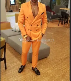 Classic Style Double-Breasted Orange Groom Tuxedos Peak Lapel Men Suits 2 pieces Wedding/Prom/Dinner Blazer (Jacket+Pants+Tie) W779