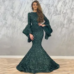 African Dubai Arabic Sequined Dark Green Cheap Mermaid Evening Dresses Jewel-Neck Long Sleeves Prom Dress Formal Party Gowns Vestidos