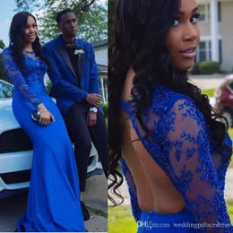 Sexy Royal Blue Mermaid Prom Jewel Maniche lunghe perle chiffon Sheer Black Girl Gowns abiti da sera formali abiti da sera Robe de soire