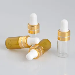 Partihandel Mini Essential Oil Bottles 3ml 5 ml Brown Clear Glass Dropper Flaskor med Guld Dropper Cap 3cc 5cc Små glas provflaskor