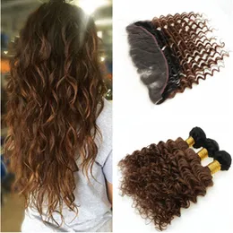 #1B/30 Medium Auburn Ombre Indian Deep Wave Human Hair 3Bundles with Frontal Brown Curly Hair Weaves with Lace Frontal Closure 13x4